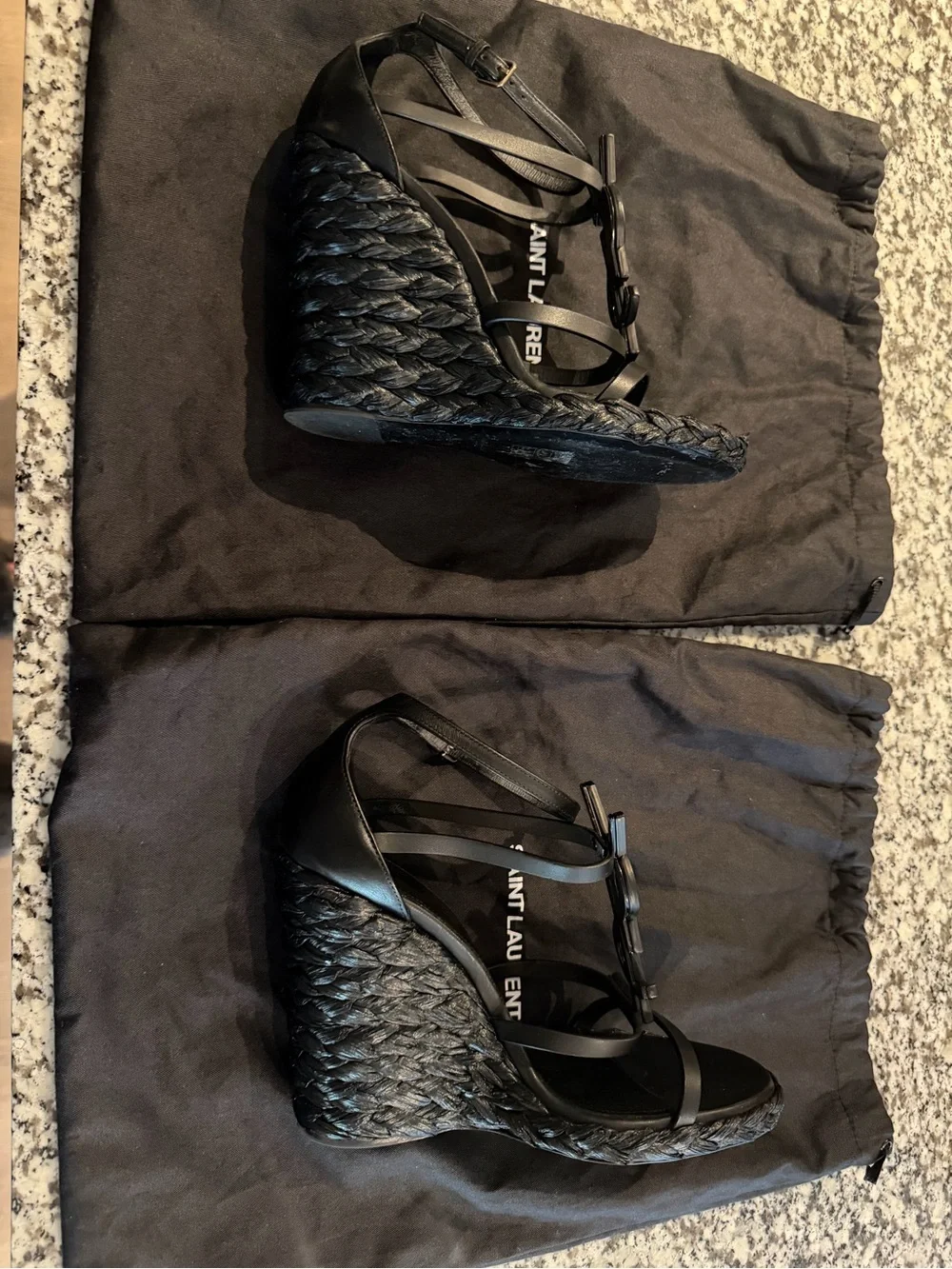 Saint Laurent Black Leather YSL Logo Espadrille Wedges